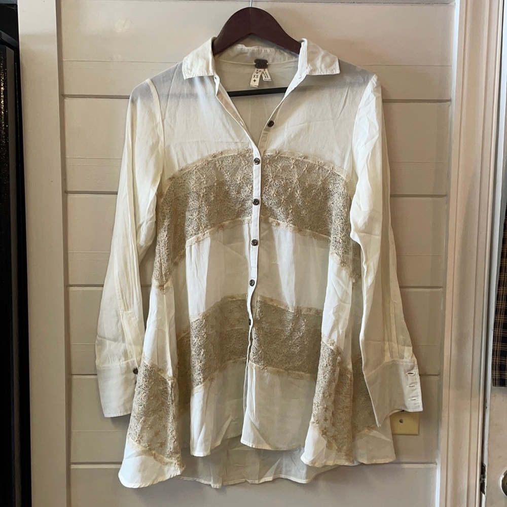 We The Free Ivory Blouse with Beige Lace Panels